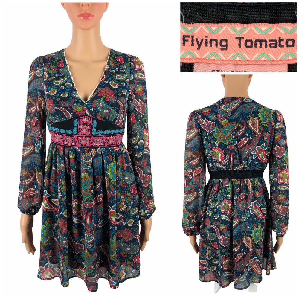 Flying Tomato Womens XS Dress Long Sleeve Paisley Lined Boho Vintage Cute EUC